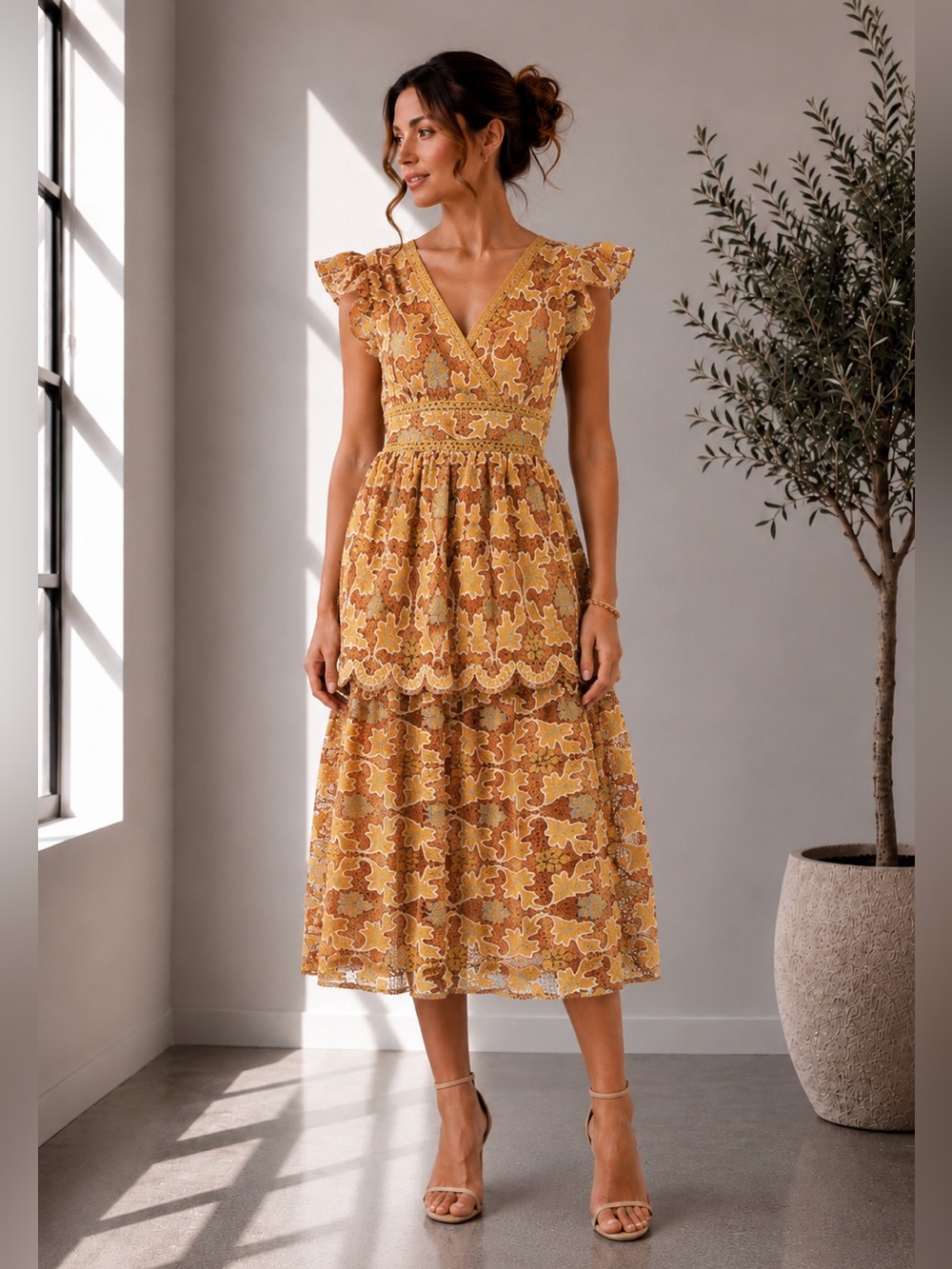 491. Golden Harvest Tiered Crochet Maxi Dress